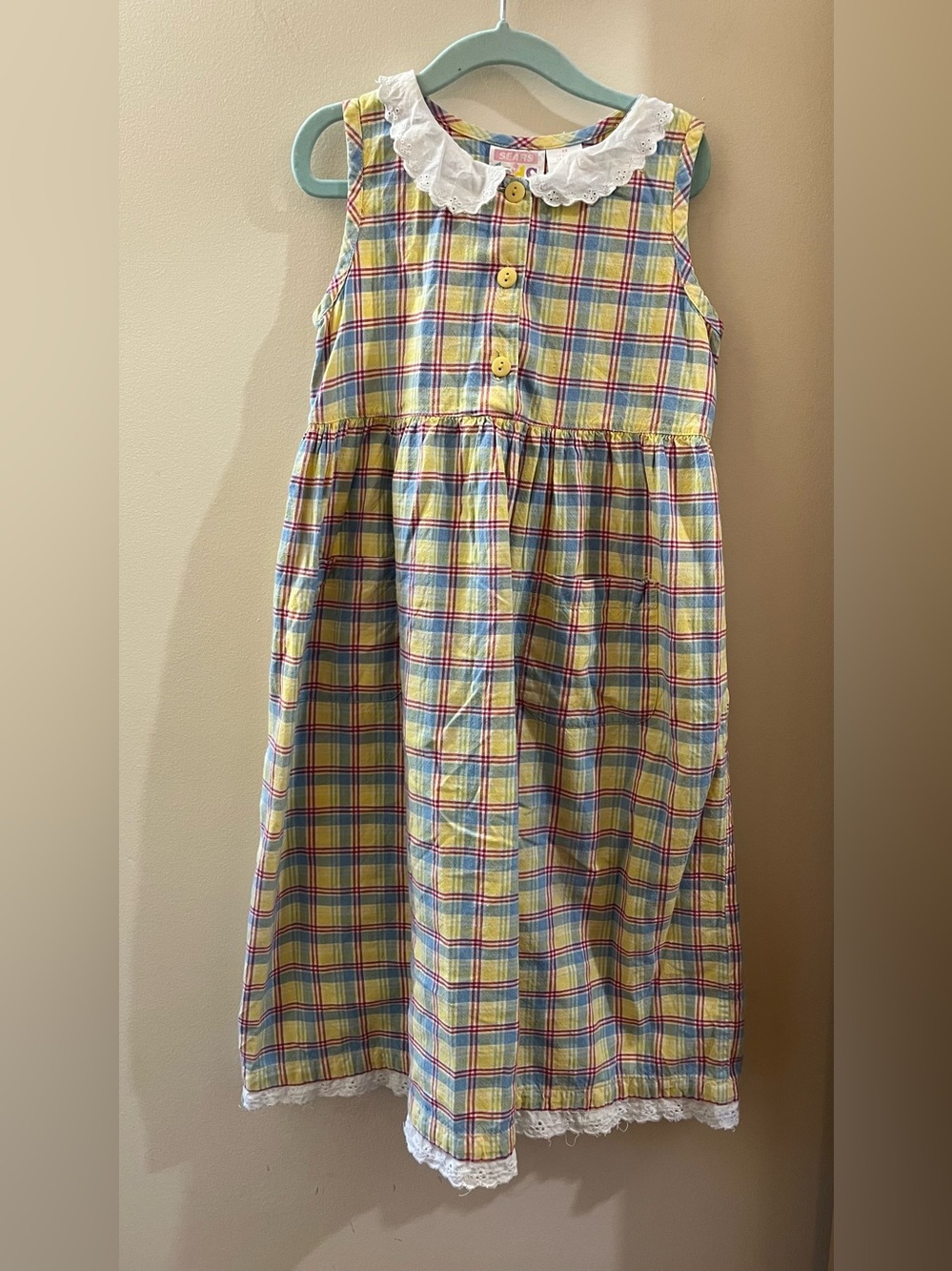 Vtg Sears Yellow Plaid Sleeveless Dress with Lace Collar